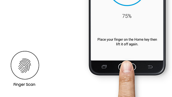 Smartphone Samsung Galaxy J5 Prime enfatizando o Sensor de digitais que garante mais tranquilidade e segurança.