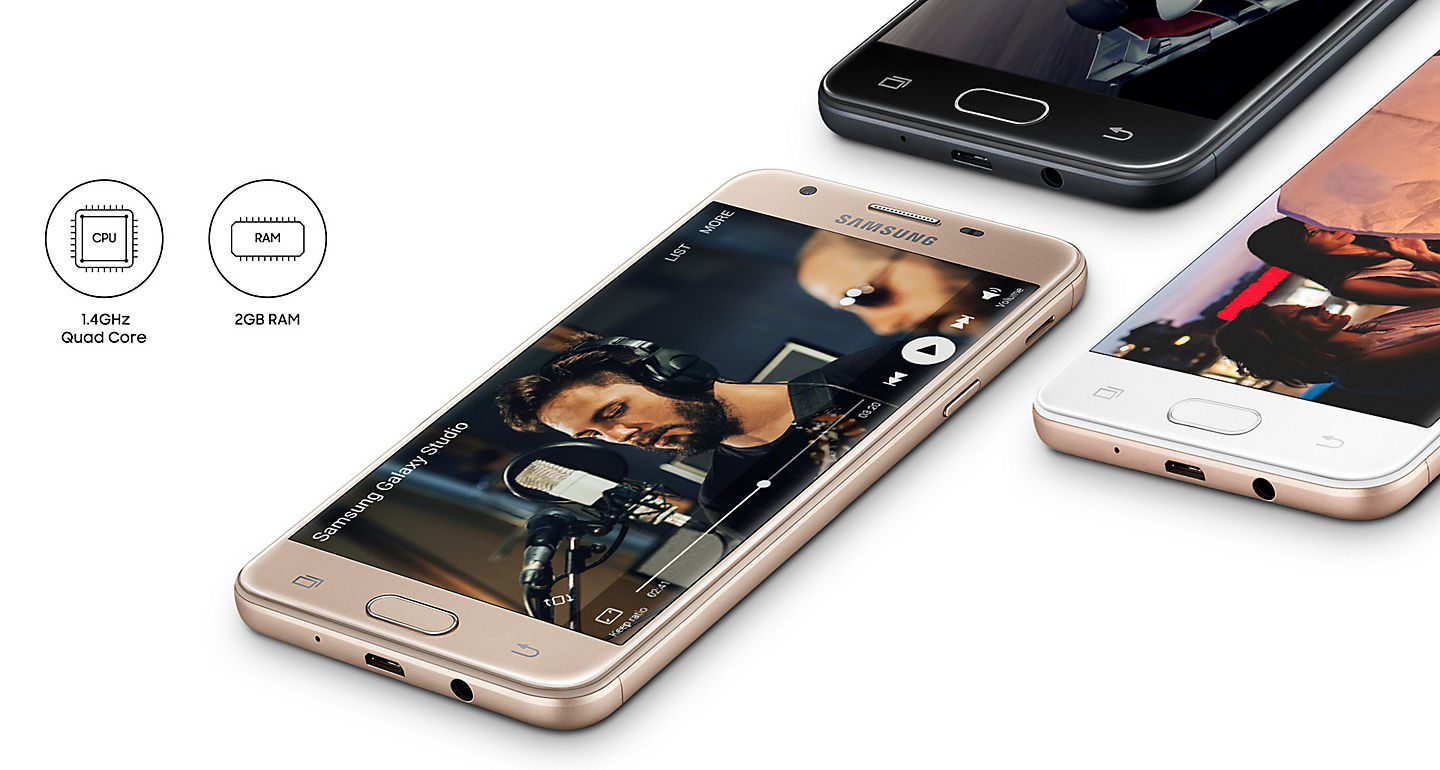 Smartphone Samsung Galaxy J5 Prime enfatizando a velocidade do processador de 1.4 GHz Quad Core e memória RAM de 2GB.