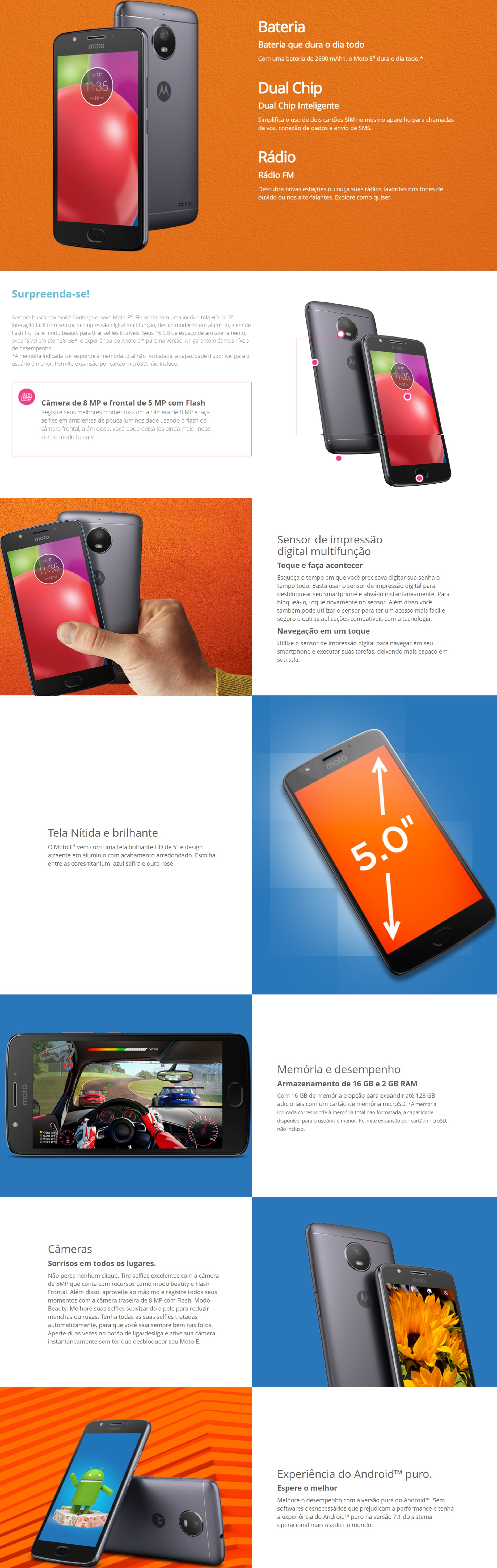 Recursos do Smartphone Motorola Moto E4 16GB Dual Chip 4G Tela 5 Câmera 13MP Selfie 5MP Android 7.1