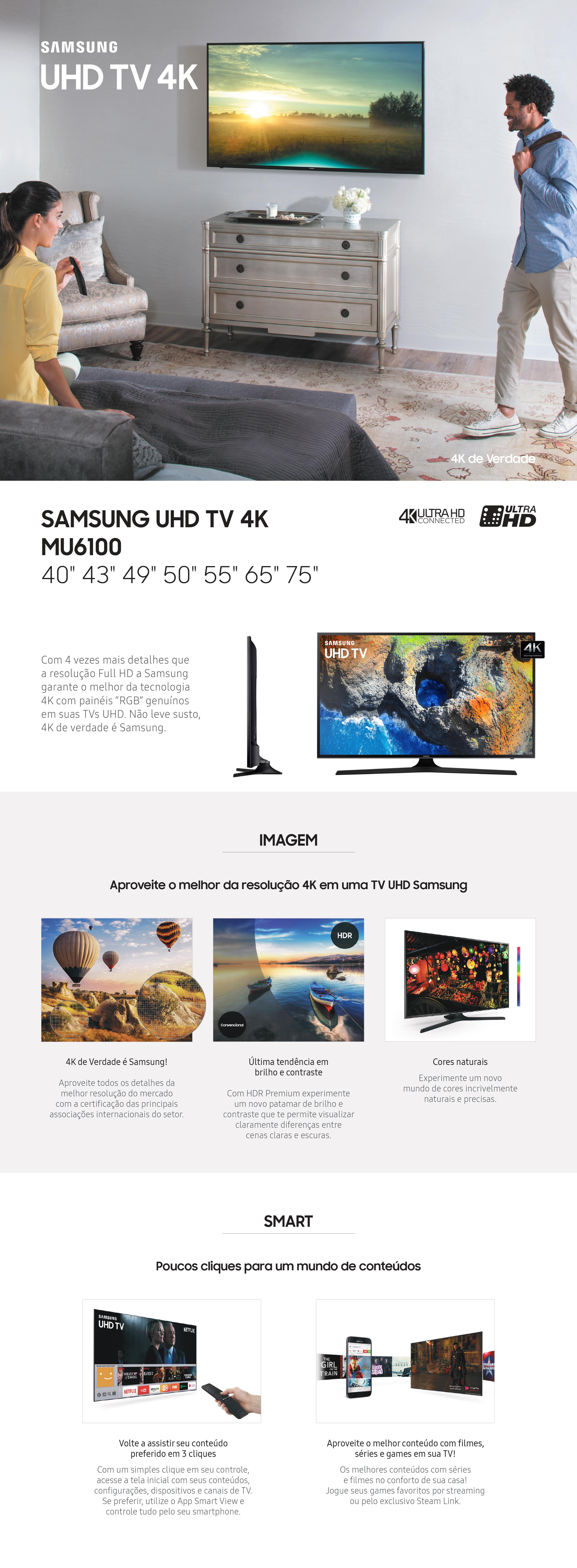 Recursos da Smart TV LED 40'' UHD 4K Samsung 40MU6100 HDMI USB Wifi